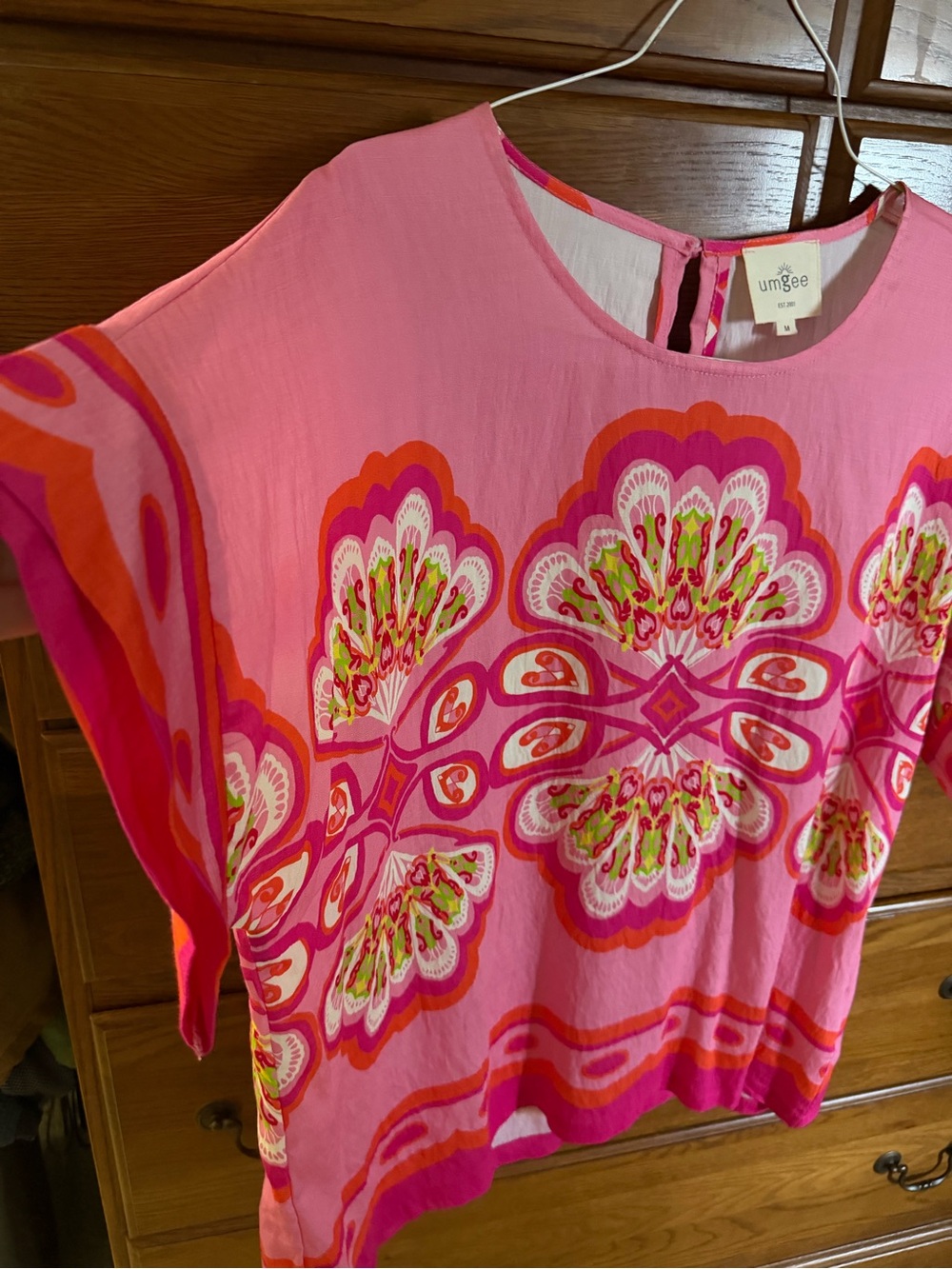 Umgee Hot Pink Floral Medallion Short Sleeve Top